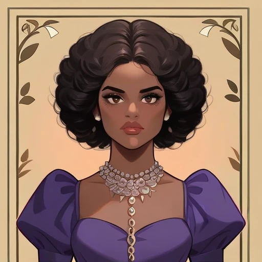 Twenty something year old, woman, brown skin, brown eyes, full lips, long curly black hair, dressed in a flowy revealing purple dress, waist up, Solo, High Resolution, Masterpiece, Anatomically Correct, Accurate, Best Quality, Game of Thrones, The Silk Road, Prostitute