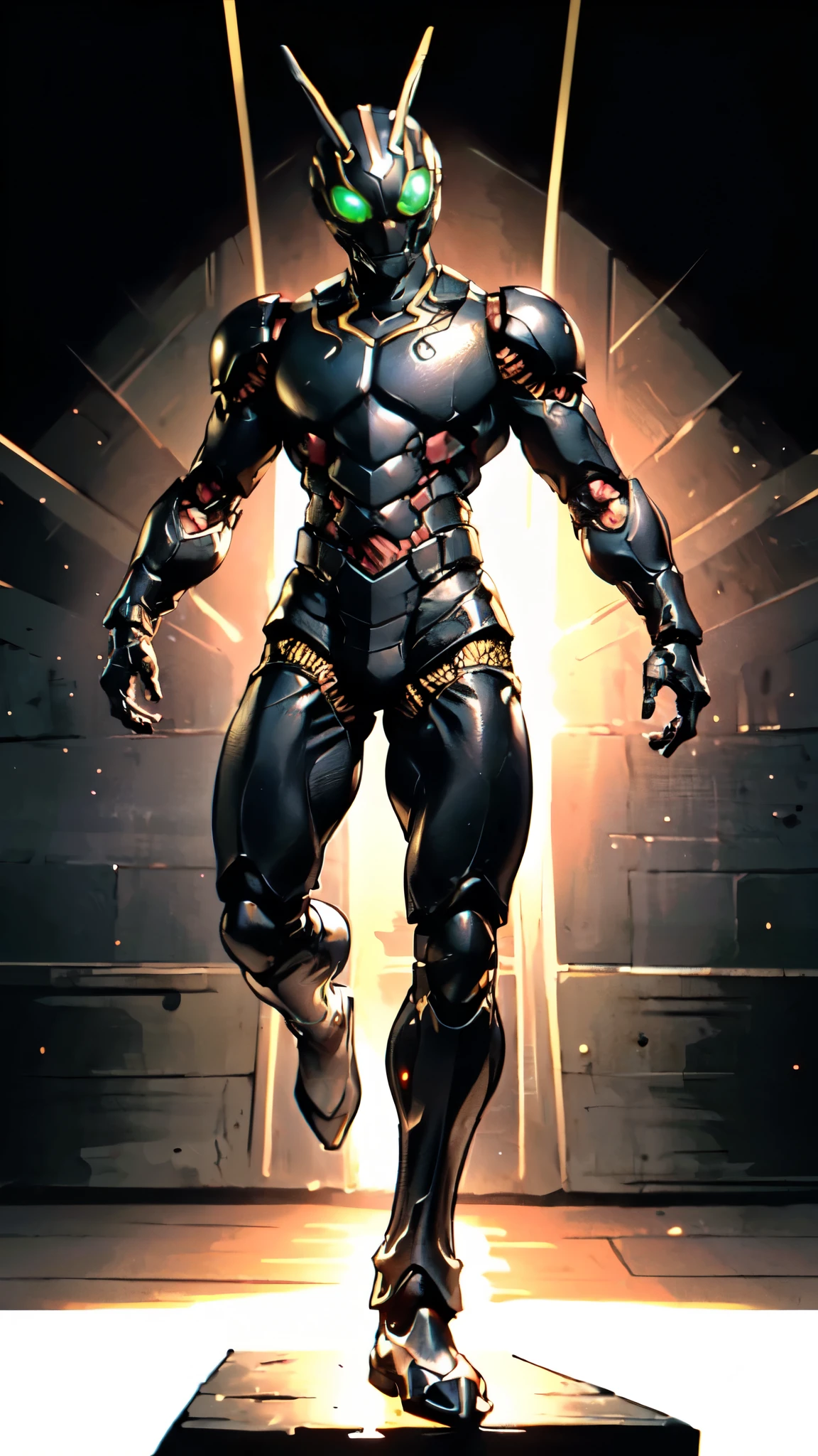 (masterpiece:1.5, best quality:1.5, extremely delicate:1.5), ((male:1.5)), a man wearing a full-face helmet, green eyes, fantasy-style high-tech biomimetic armored combat suit, (a composite layered chest armor), the design balances heavy with agility, fully enclosed shoulder guards, matching arm and leg guards, a belt of gemstone, (the color scheme is primarily Black with Red and Golden accents, Organic Biotech, Concept Inspired by Dynastinae, glowing eyes, armor glows, stand of a futuristic sci-fi city), this character embodies a finely crafted fantasy-style armored hero in anime style, exquisite and mature art style, metallic, high definition, highres, ultra-detailed, ultra-fine painting, professional, perfect body proportions, golden ratio, anatomically correct, symmetrical face, extremely detailed eyes and face, high quality eyes, creativity, RAW photo, UHD, 32k, Natural light, cinematic lighting, masterpiece-anatomy-perfect