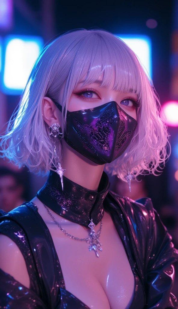 1girl,gal,masterpiece.Highest quality.4K.Headphones、 cyberpunk、pink haired、Blue Hair、Goth_punk, One Girl, Alone, Medium Shot, Walking around Harajuku, ((at night)), Bokeh Depth of Field, Neon Light, Rainbow Eyes, Starry Sky, 白くShiny Hair, White eyebrows, Shiny Hair, (Iridescent white hair), Earrings, Bans, gem, mask, Blunt bangs, Field&#39;s Eye, Mouth mask, blurred background, Blurred, hair ornaments, Look at the viewers, short hair, Portraiture, Side Lock