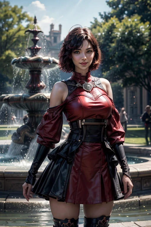 srwby, short hair, black hair, red hair, t-shirt, skirt, boots, gradient hair, grey eyes, standing outside, smiling, (cowboy shot), dynamic pose, standing outside, palace gardens, fountain, crowd, intricate details, tonemapping, sharp focus, hyper detailed, (masterpiece,stunning girlfriend, heart shaped face, elegant face, beautiful face, highly detailed face, highly detailed skin, skin pores, subsurface scattering, realistic pupils, looking at viewer, full lips, detailed background, depth of field, atmospheric perspective, volumetric lighting, sharp focus, absurdres, realistic proportions, good anatomy, (realistic, hyperrealistic:1.4), 16k hdr,