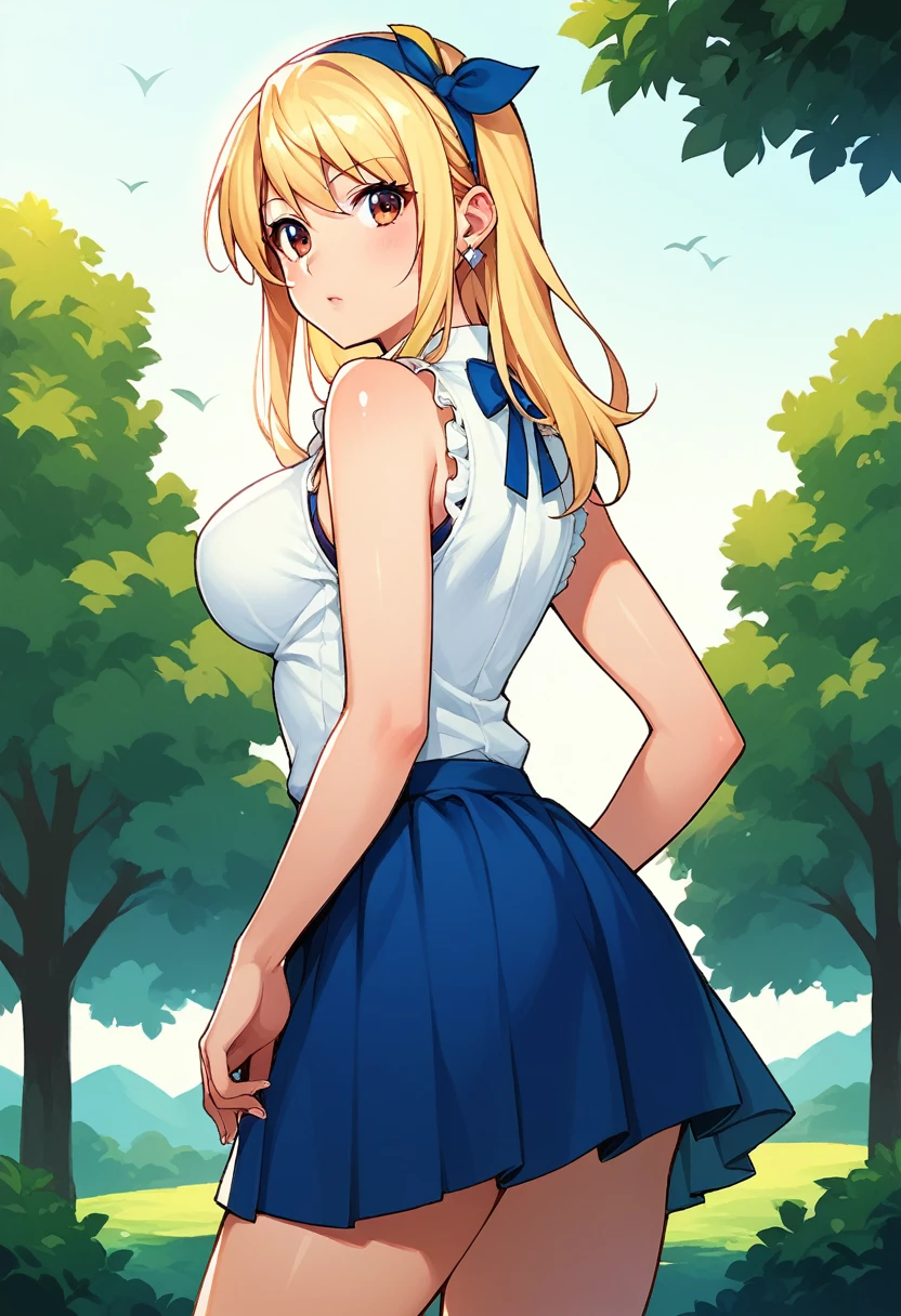 score_9, score_8_up, score_7_up, score_6_up, score_5_up, source_anime, smooth_anime,
Lucy_Heartfilia, 1girl, solo, brown_eyes, blonde_hair, ribbon, hair_ribbon, looking_at_viewer, long_hair, outdoors, jewelry, earrings, breasts, looking_back, sleeveless, blue_ribbon, skirt, shirt, tree, large_breasts, sleeveless_shirt, blue_skirt, long_skirt, day
 