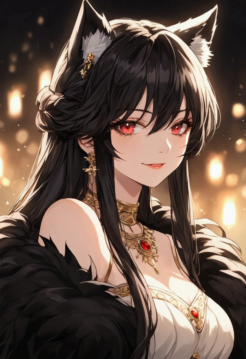 ultra detailed illustration in anime style of a woman with red sharp eyes, Apricot skin, gothic black winter fur clothes, wolf ears, a winter background, wolf tail, a deep gray color long hair, lens flare, depth of field, bokeh effect, backlit, stylish, elegant, breathtaking, flat lights, flat colors, cel shading, 32k resolution, best quality, ink lines, a mature body, a facial scar, a shallow smile, the Middle Ages