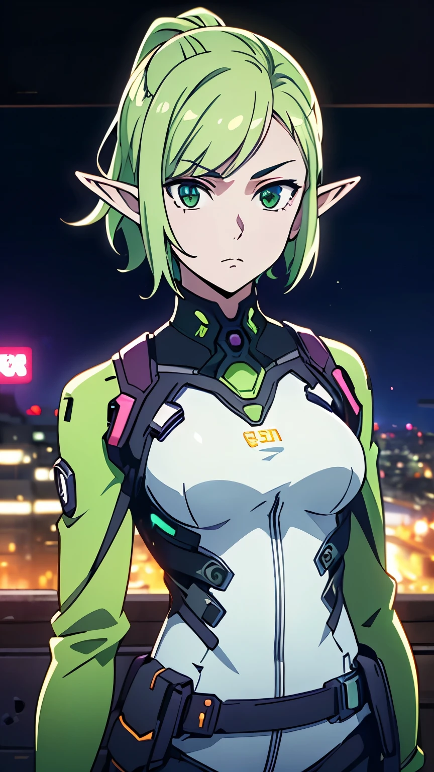 (masterpiece, best quality, high resolution, 8k:1.2), (anime coloring:1.2), highly detailed, beautiful eyes, perfect eyes, fine eyes, green eyes, featuring big highlights, detailed face, highly detailed, fine eyes, symmetrical eyes, one girl, alone, (mature face:1.6), elf ears, light green hair, short hair, (small medium breast), slim, nffsw, (niji cyberpunk overwatch, city, night), looking at the viewer, in the center of the image, (cowboy shot:1.2), dutch angle,