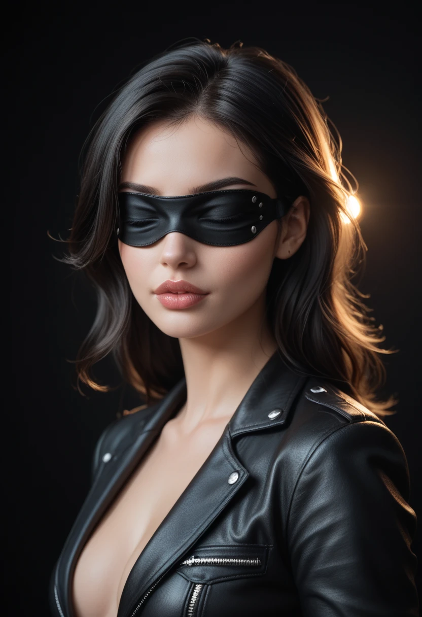  Black and White :Superb Quality, masterpiece, High Resolution, 1 , retrato close up,blindfolded,long black hair,  full lips , Beleza, on_Body, tyndall effect, realistic, Edge of Light, Two-tone Lighting, ( high-detail leather : 1.2), 8K UHD, reflex camera, soft light,  high quality,  volumetric lighting, High Resolution, 4K, 8k,  black background