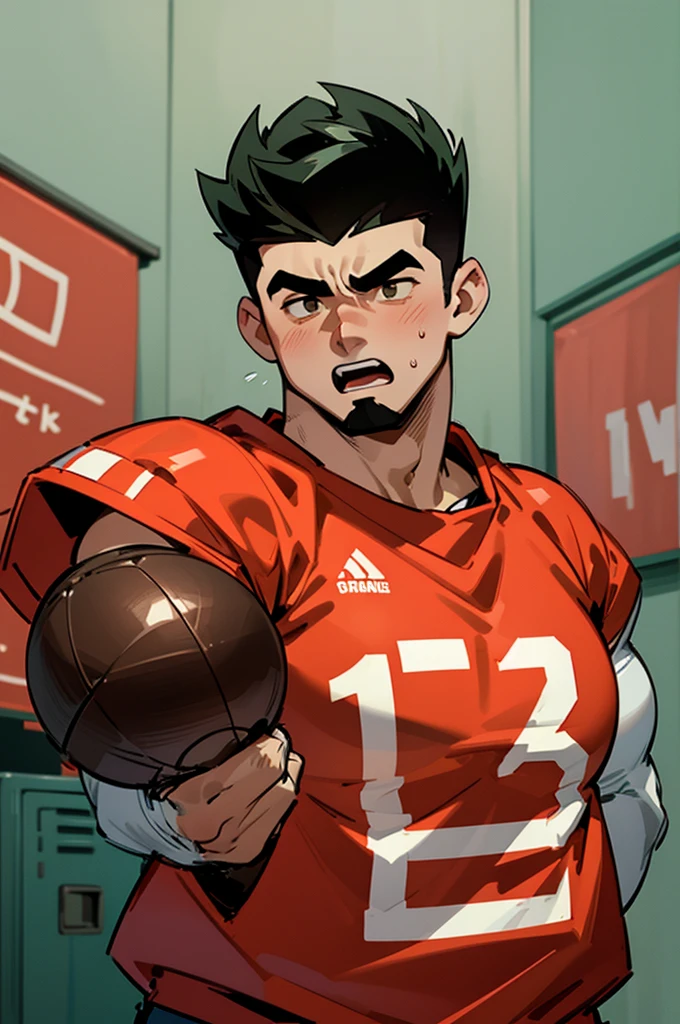 Jake long from American Dragon Jake Long as a big dumb sweaty bodybuilder football jock standing in a high school locker room wearing a Football uniform staring blankly with his mouth hanging open and flexing his muscles as he is brainwashed to fall deeper and deeper into the dumb jock bro stereotype while a crumpled test paper with a circled F grade falls from his hand. Hyper muscles. Big biceps. Big triceps. Big traps. Big deltoids. Big lats. Big hyper meaty pecs. Thick neck. Hyper swollen crotch bulge. Bro. Meathead. Musclehead. Brute. Brutification. IQ drain. Dumber and dumber. Brawny. Mindless. Hypnosis. Hypno. Hypnotized. Brainwash. Brainwashing. Brainwashed. "Man, this is WHACK, yo! I should be studying, but all I can think about is watching the next football game and those stupid clanking weights! ... Weights .... Should be ... I should be lifting weights in the gym, BRO. Huhuhuh.... Grow with me, bro. Get PUMPED! Pump ... pump out the brains, ... pump up the brawn.... Meat fills our heads till the smarts are all gone.... Just ... a dumb ... sweaty bro.... Be ... a dumb ... sweaty bro.... More that I sweat, the more I forget.... Lift weights.... Join ... the gym.... Grow ... my meat.... Big ... jock ... meat.... Dumb ... football ... bro.... Play football.... Get ... in uniform.... Obey Coach.... Yes, Coach.... Must play football.... Must be a dumb football jock.... Jocking up!" Vapid. Dumb stare. heavy crotch bulge. Dumber and dumber. Steam in the room. Hairy armpits. Confused. Open mouth. Massive hefty swollen crotch bulge. Dumb hypnotized dazed stare. Wearing football cleats. Wearing football shoulder pads. Wearing football helmet. Wearing football pants. Swollen hefty bulging crotch. Blocky jaw. Well endowed.