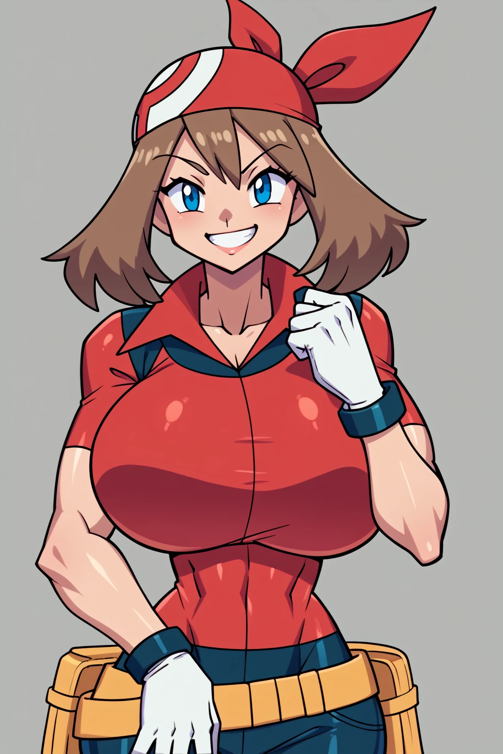 score_9, score_8_up, score_7_up, BREAK, anime style, MayPXL, blue eyes, brown hair, short hair, red bandana, red shirt, short sleeves, gloves, black shorts, torso, smug smile, gigantic bust, toned, strong, bimbo body, 