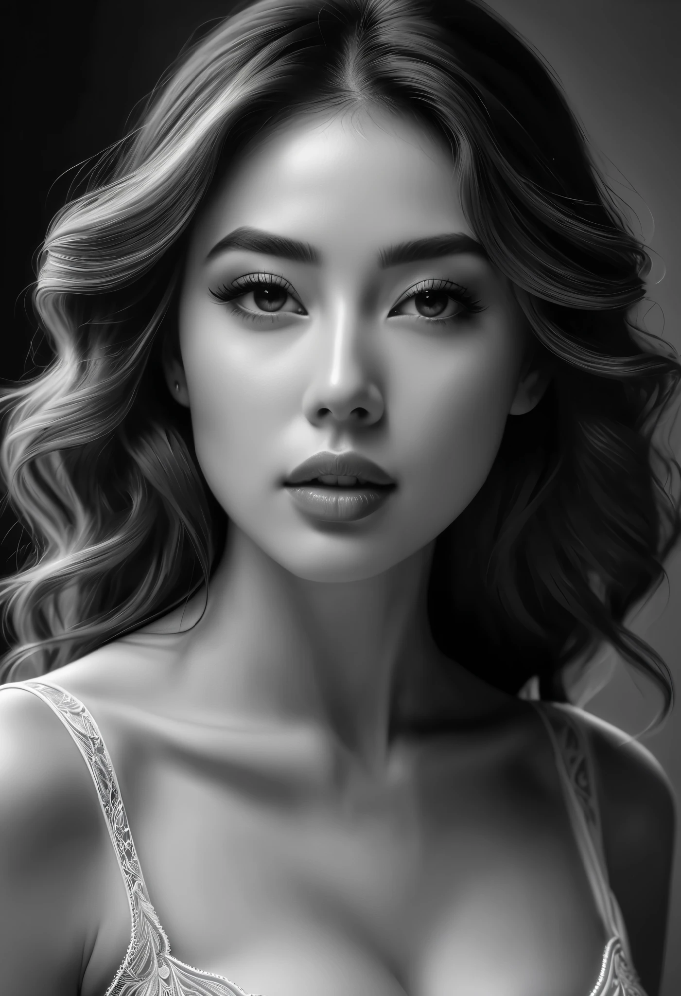 intricate pencil drawing, delicate linework, fluid motion, soft brushstrokes, monochrome, elegant pose, serene expression, intricate details, high contrast, chiaroscuro, refined, minimalist, graceful, photorealistic, hyperrealistic, cinematic lighting, (best quality,4k,8k,highres,masterpiece:1.2),ultra-detailed,(realistic,photorealistic,photo-realistic:1.37)