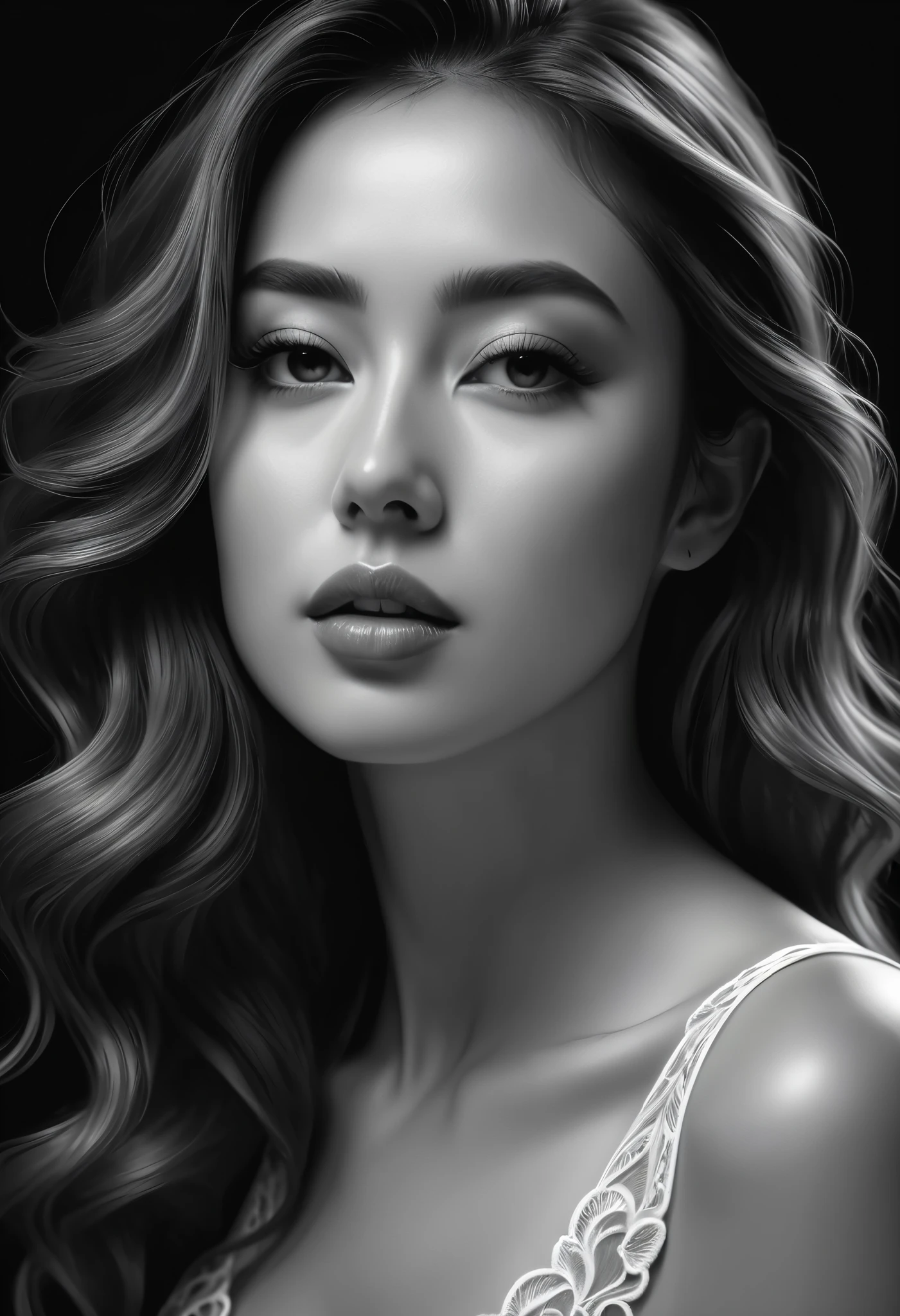 intricate pencil drawing, delicate linework, fluid motion, soft brushstrokes, monochrome, elegant pose, serene expression, intricate details, high contrast, chiaroscuro, refined, minimalist, graceful, photorealistic, hyperrealistic, cinematic lighting, (best quality,4k,8k,highres,masterpiece:1.2),ultra-detailed,(realistic,photorealistic,photo-realistic:1.37)