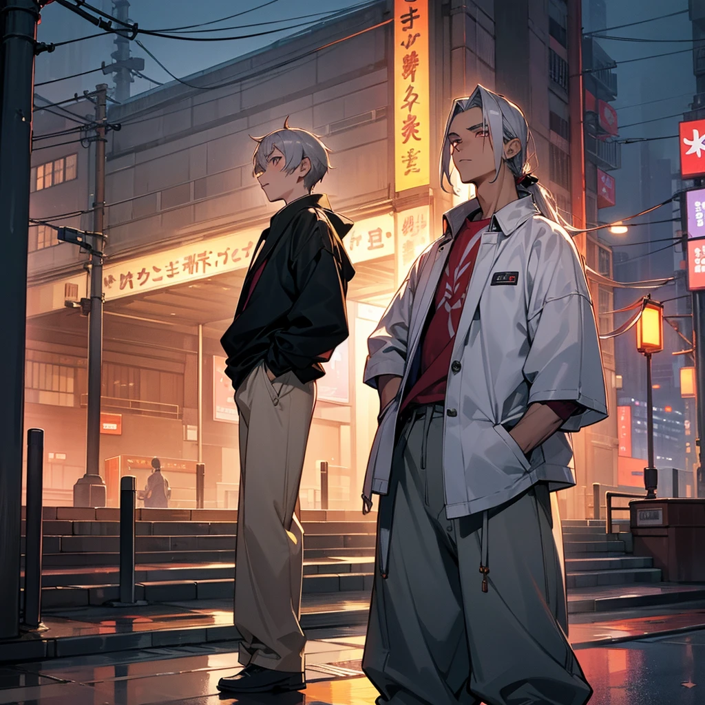 1male, young teen, tan skin, finely detailed plum eyes, straight long hair, grey hair color, fitted boomer jacket, designer shirt, baggy pants, standing on street, night time, tokyo streets, calm expression, muscular