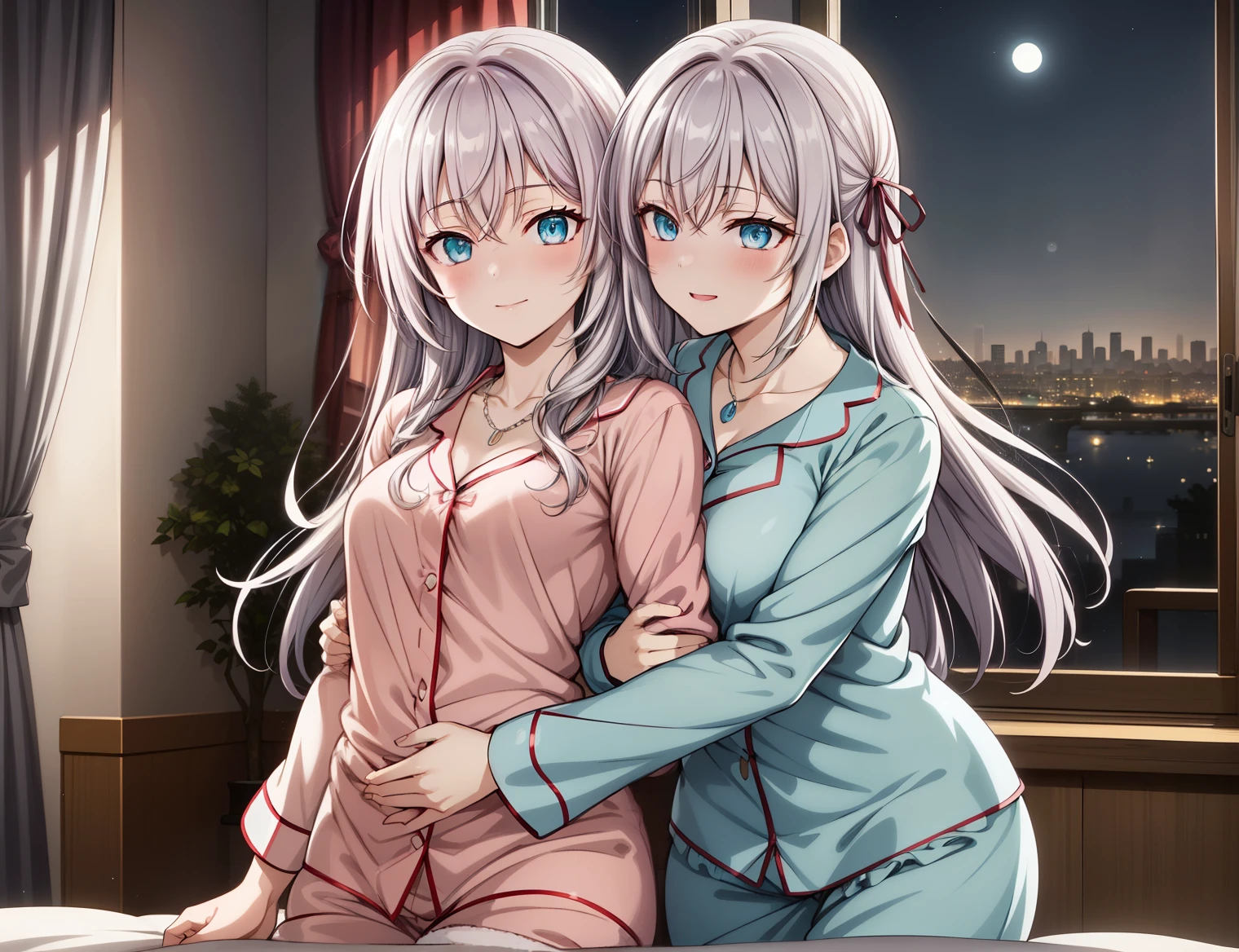 Two silver-haired women，Open-chested clothing，Lakeside，Unbuttoned，They are hugging each other，Midnight，Adult atmosphere，Dimly lit room，Lying down