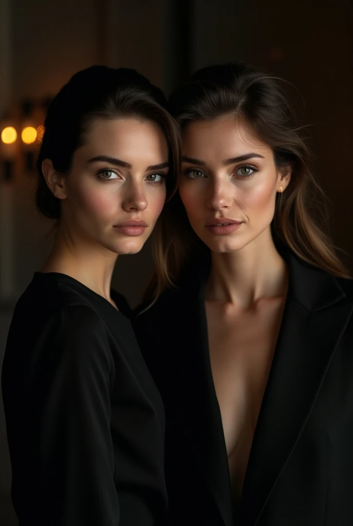 A young Italian woman, Her hair is wavy and slightly voluminous, shoulder-length light brown. His eyes are almond-shaped and brown. Her good is small and well-contoured and her makeup is light. She's wearing a red lipstick that looks very sexy on her. She's wearing a sexy black and white suit, her jacket is unbuttoned at the bust.. She's with her vampire girlfriend, She is wearing a dark blue dress that matches her beautiful blue eyes, her smooth dress with thin straps and a cleavage. Your skin is white, She's very pale. her eyes are blue and her hair is long, wavy and black.
