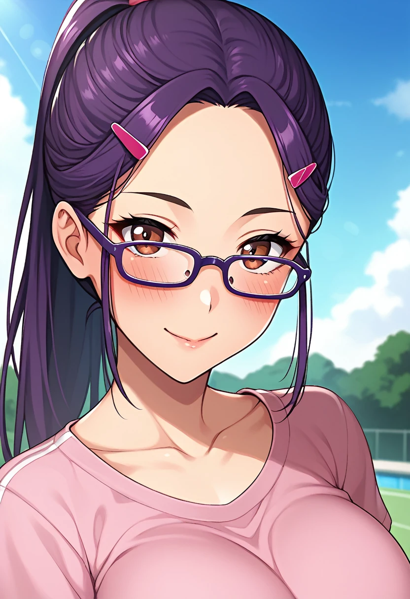 score_9,score_8_up,score_7_up,score_6_up BREAK official art,solo,outdoors,upper body,(portrait:1.5),looking at viewer,facing viewer,smile,blush,Ami Asai,long hair,purple hair,ponytail,hair ornament,hairclip,sidelocks,parted bangs,forehead,brown eyes,purple-framed eyewear,collarbone,t-shirt,pink shirt,short sleeves,large breasts,skindentation,green pants,thighs,sneakers,