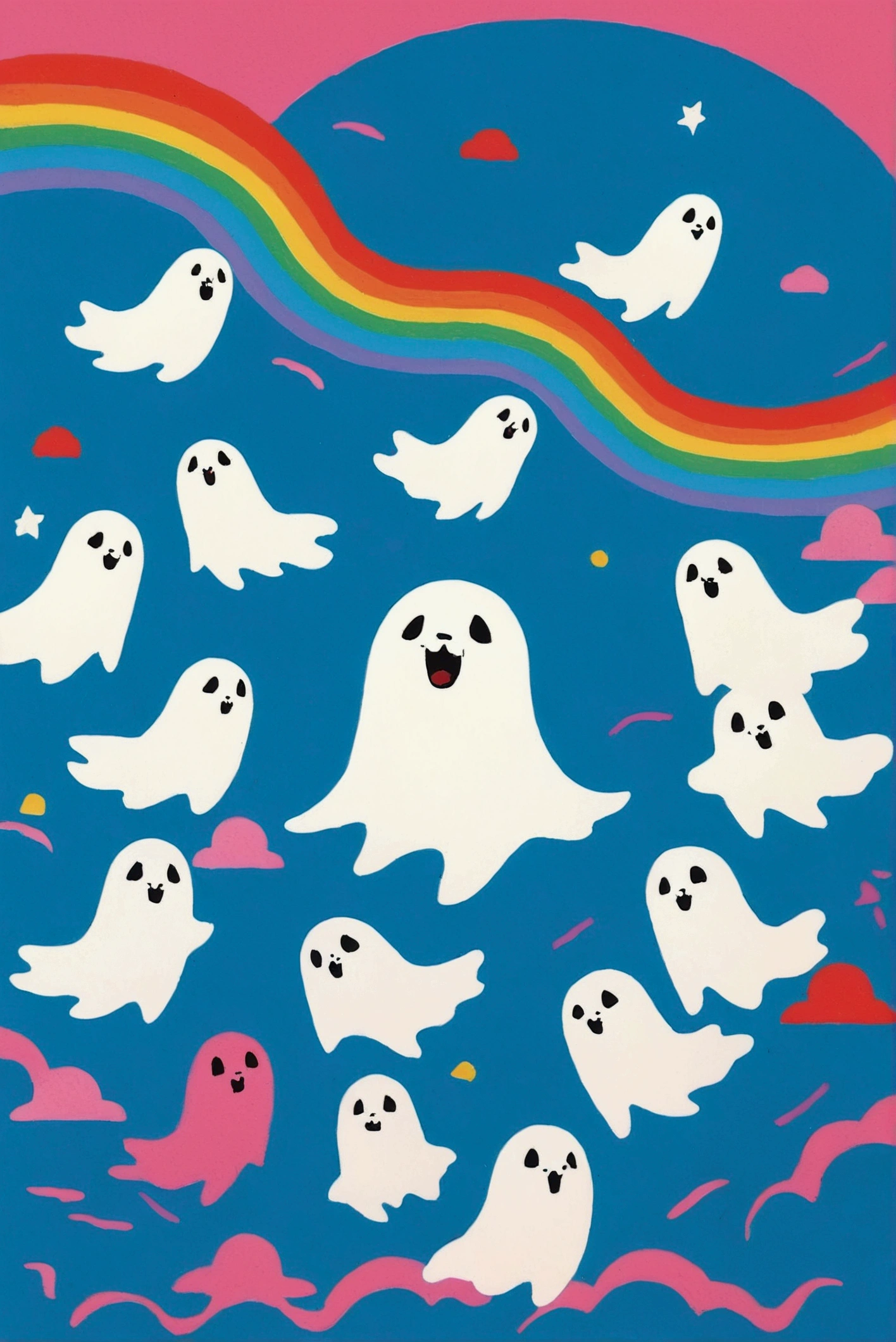  There are many colored cats on a blue and pink background,  like a rainbow ghost, ghost, kill, ( ( RISOGRAPH ) ), ghost in the background,  a person like a ghost , ghost theme, by Shinoda Toko, ghost, phantom ghost in the background,  part Petra Court Light , ren born as ghost, floating ghost , Now Tanaka