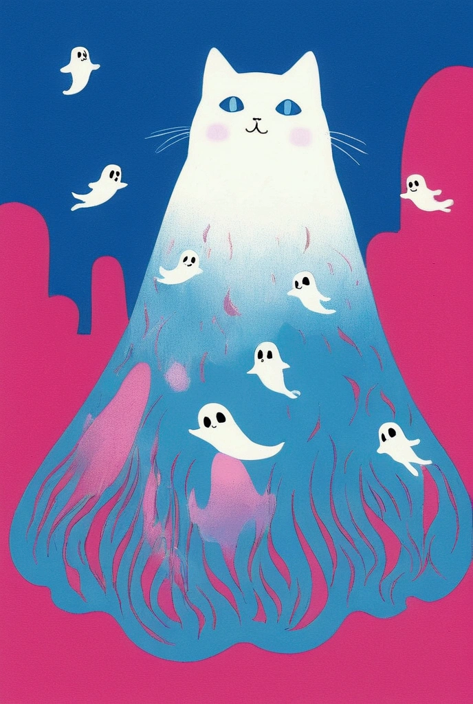  There are many colored cats on a blue and pink background,  like a rainbow ghost, ghost, kill, ( ( RISOGRAPH ) ), ghost in the background,  a person like a ghost , ghost theme, by Shinoda Toko, ghost, phantom ghost in the background,  part Petra Court Light , ren born as ghost, floating ghost , Now Tanaka