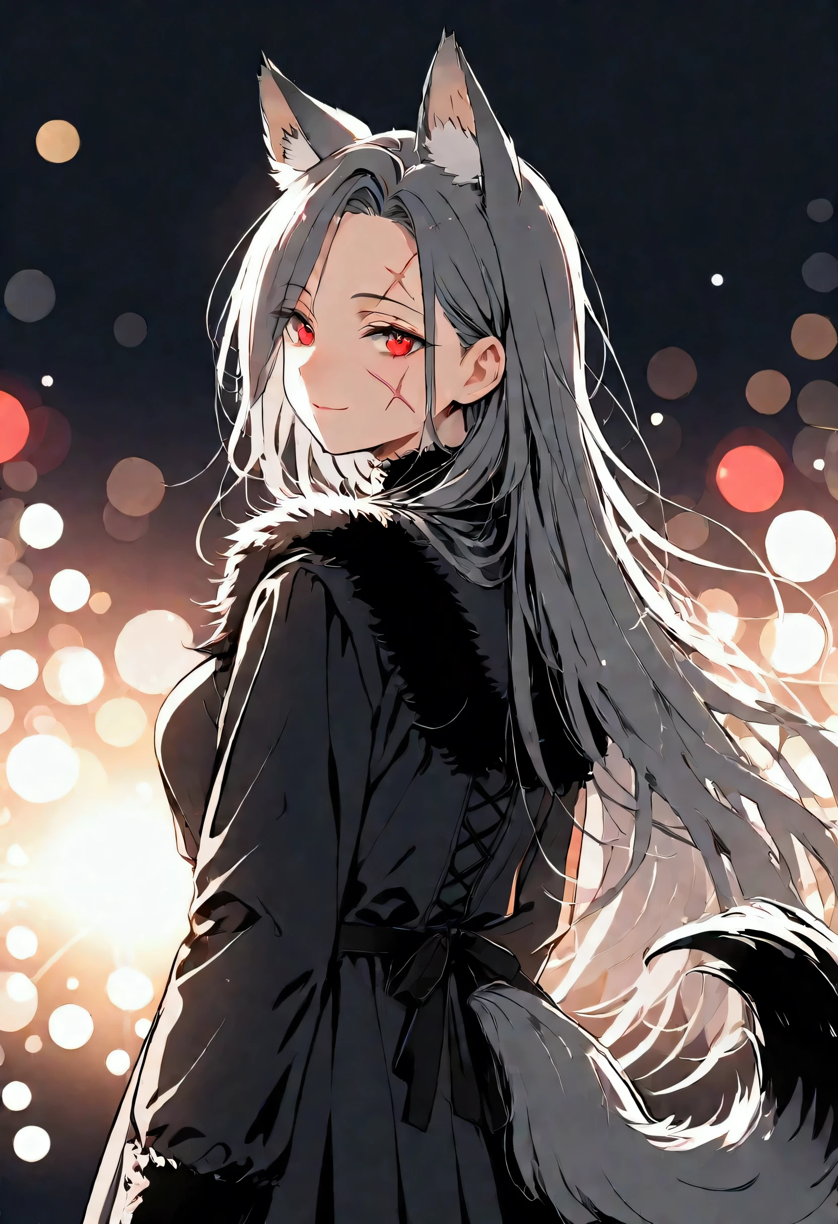ultra detailed illustration in anime style of a woman with red sharp eyes, Apricot skin, gothic black winter fur clothes, wolf ears, a winter background, wolf tail, a deep gray color long hair, lens flare, depth of field, bokeh effect, backlit, stylish, elegant, breathtaking, flat lights, flat colors, cel shading, 32k resolution, best quality, ink lines, a mature body, a facial scar, a shallow smile, the Middle Ages
