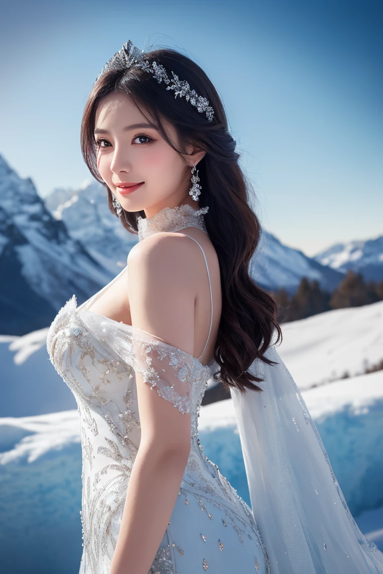 (Best quality at best,4K,8K,A high resolution,tmasterpiece:1.2), ultra - detailed, (actual,realisticlying,Photorealistic:1.37), snow flower, A queen, Christmas color theme, vivd colour, glittery, Ethereal Beauty, exquisite details, holiday magic, Sparkling, Sparkling, Crystalline texture, cold wonderland, A majestic, royal presence, Palatial costumes, Amazing, Fascinating, Obsessed, soft snow, Elegant, gracefulness, Soothing, peacful, serene, peaceful winter scene, Dimly lit snowy forest, subtle reflections, Intertwined branches, Delicate snowflakes fall on the queen, The subtle glow of moonlight, Pastel winter tones, Soft color palette, Meticulous, clear silhouette, meticulous attention to facial features, Expressive eyes, Carefully drawn lips and nose, Beautiful posture, breathing of confidence and power, Majestic crown decorated with snowflakes, Richly detailed gown with intricate embroidery, subtle patterns on clothes, Dotted with sparkling snowflakes, The Northern Lights illuminate the sky, Subtle play of light and shadow, Ethereal atmosphere, mistic, Otherworldly, Fascinating, Enchanted forest in the background, The queen radiates dazzling light, Subtle highlights on snowflakes, semi transparent, Icy texture, subtle curves and angles, Subtle changes in snowflake shape and size, subtle bokeh effect, Subtle traces of frost around, Subtle sparkle and shine, A perfect blend of colors and tones, Subtle depth and dimension, Subtle details enhance the overall composition, Subtle sense of movement, Tell stories with visual nuance, ((big breast)), ((cleavage)), ((smile:1.1)), ((the body from the thighs up)), ((looking at viewer))