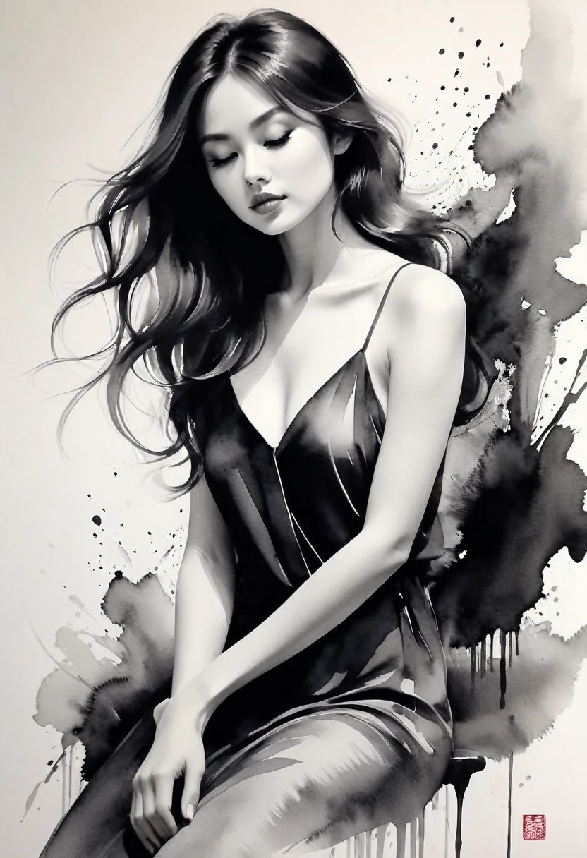 Daughter，ink painting，soft brush strokes， Draw delicate lines with a pen，fluid action，subtle ink tones，elegant posture，calm look，delicate features， Black and White ，clean