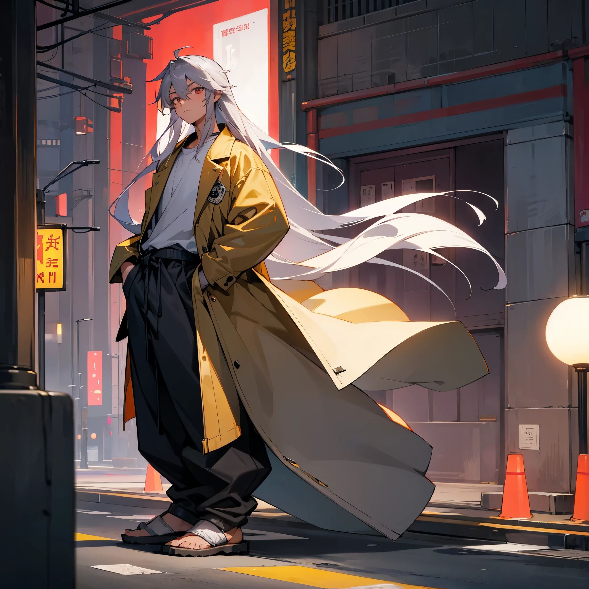 1male, young teen, tan skin, finely detailed plum eyes, straight long hair, grey hair color, fitted boomer jacket, designer shirt, baggy pants, standing on street, night time, tokyo streets, calm expression, muscular