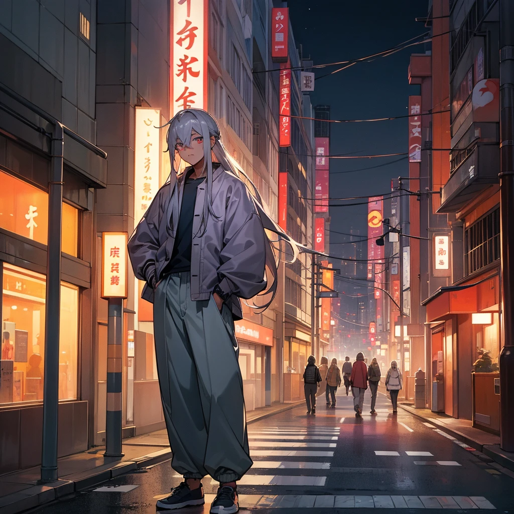 1male, young teen, tan skin, finely detailed plum eyes, straight long hair, grey hair color, fitted boomer jacket, designer shirt, baggy pants, standing on street, night time, tokyo streets, calm expression, muscular