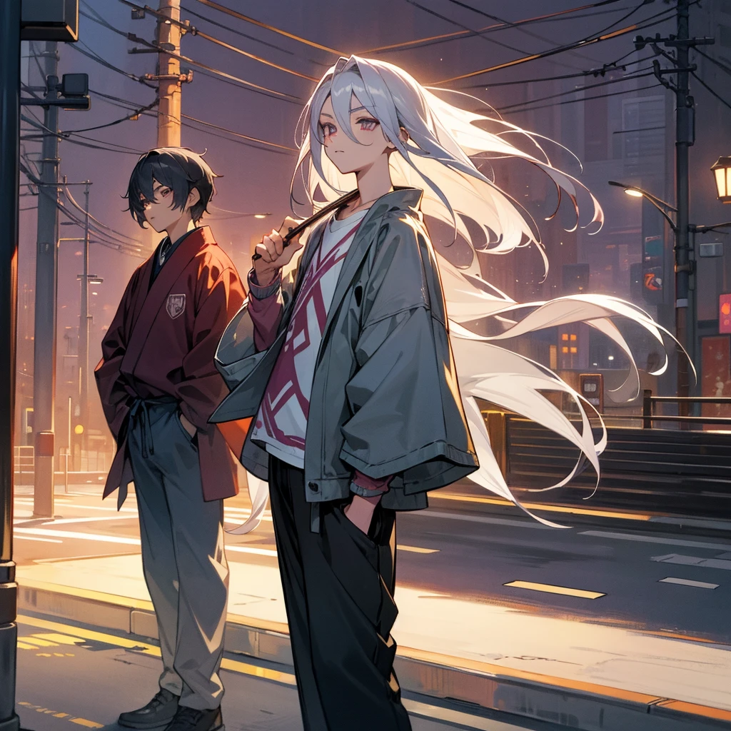 1male, young teen, finely detailed plum eyes, straight long hair, grey hair color, fitted boomer jacket, designer shirt, baggy pants, standing on street, night time, tokyo streets, calm expression, muscular