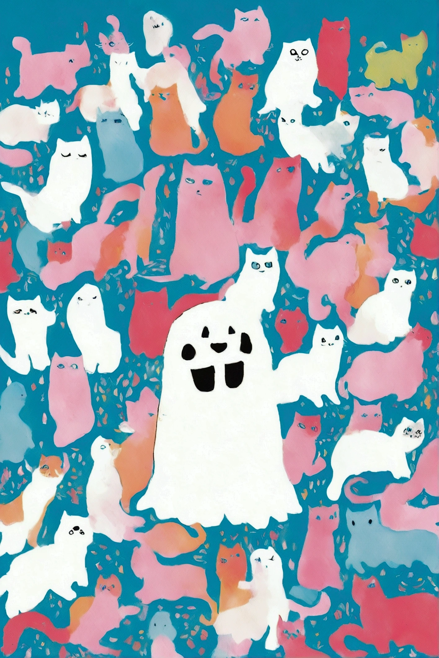  There are many colored cats on a blue and pink background,  like a rainbow ghost, ghost, kill, ( ( RISOGRAPH ) ), ghost in the background,  a person like a ghost , ghost theme, by Shinoda Toko, ghost, phantom ghost in the background,  part Petra Court Light , ren born as ghost, floating ghost , Now Tanaka