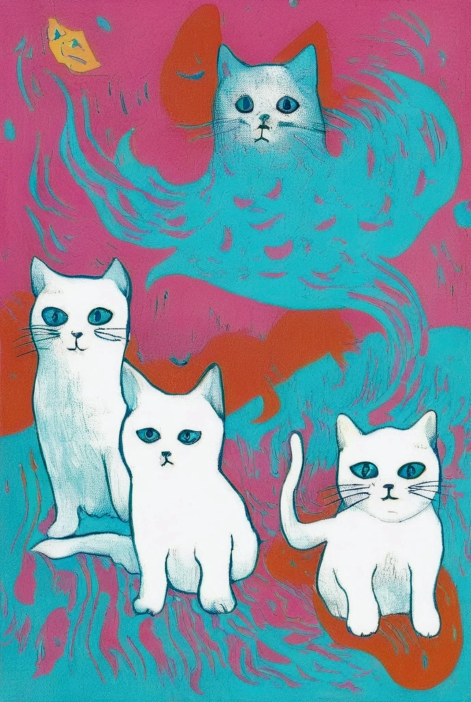  There are many colored cats on a blue and pink background,  like a rainbow ghost, ghost, kill, ( ( RISOGRAPH ) ), ghost in the background,  a person like a ghost , ghost theme, by Shinoda Toko, ghost, phantom ghost in the background,  part Petra Court Light , ren born as ghost, floating ghost , Now Tanaka