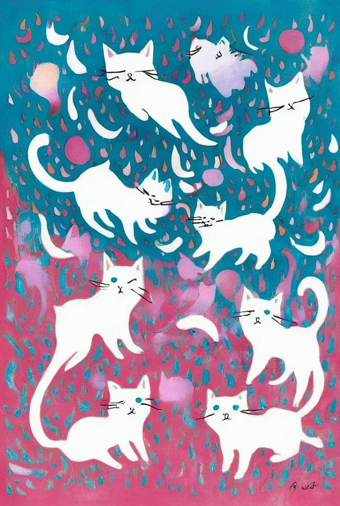  There are many colored cats on a blue and pink background,  like a rainbow ghost, ghost, kill, ( ( RISOGRAPH ) ), ghost in the background,  a person like a ghost , ghost theme, by Shinoda Toko, ghost, phantom ghost in the background,  part Petra Court Light , ren born as ghost, floating ghost , Now Tanaka