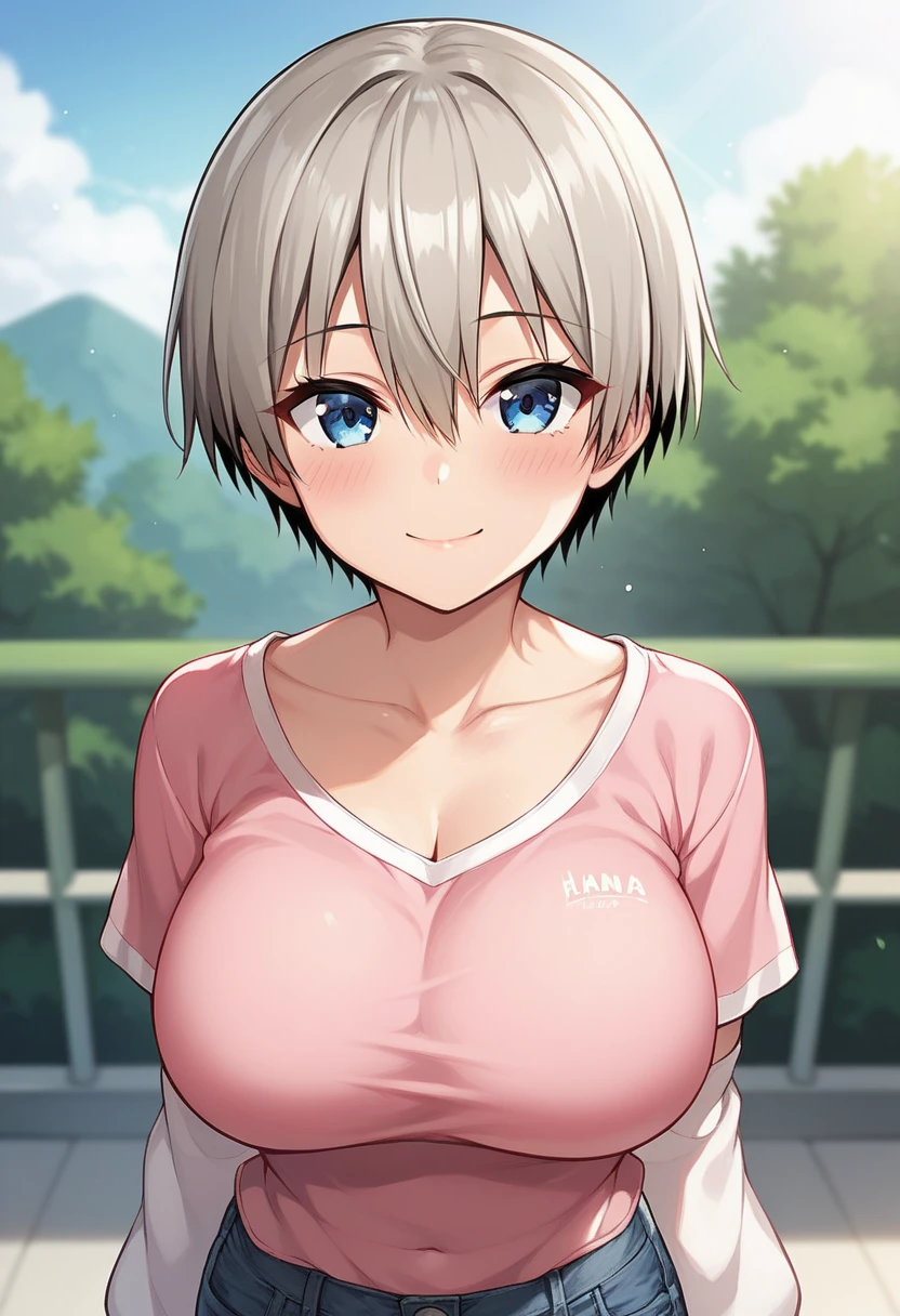 score_9,score_8_up,score_7_up,score_6_up BREAK official art,solo,outdoors,upper body,(portrait:1.5),looking at viewer,facing viewer,smile,blush,Hana Uzaki,grey hair,short hair,shiny hair,hair between eyes,bangs,blue eyes,collarbone,pink shirt,long sleeves,large breasts,denim shorts,short shorts,white socks,sneakers,