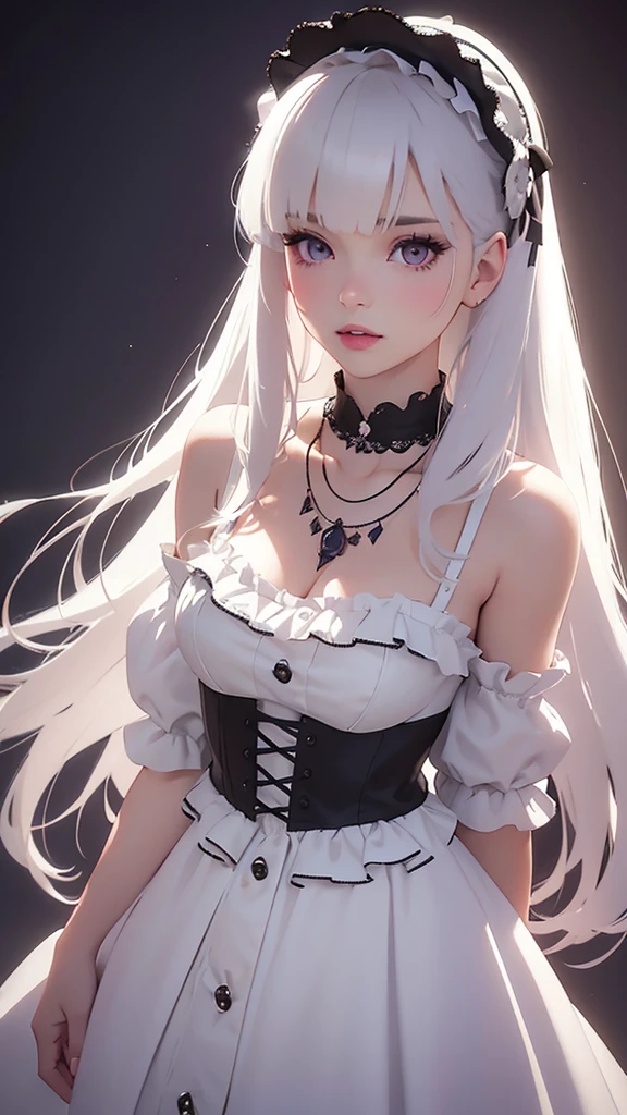 A beautiful woman around 25 years old, with 400-fold silver long hair that reaches down to the knees, a black ribbon tied next to the ear, hair that is neck-length on the sides, beautiful white skin, natural bangs, thin silver eyebrows, red eye in the right eye, a silver three-prong necklace, blue eye in the left eye, a glamorous figure, a blouse with a white collar, a black maid outfit that is open to the chest and has black short sleeves and three tiers of frills that reach the knees, three black ribbons vertically on the maid outfit, black arm covers, white stripes 5cm apart horizontally on the arm covers, the skin on the arms can be seen through the gaps, black long boots that reach up to the knees, two gold lines around the calves of the boots, the style of the demon lord Luminas from That Time I Got Reincarnated as a Slime, high definition, 8k image, background is inside an ice castle, please create an AI image prompt in English within 500 characters.
