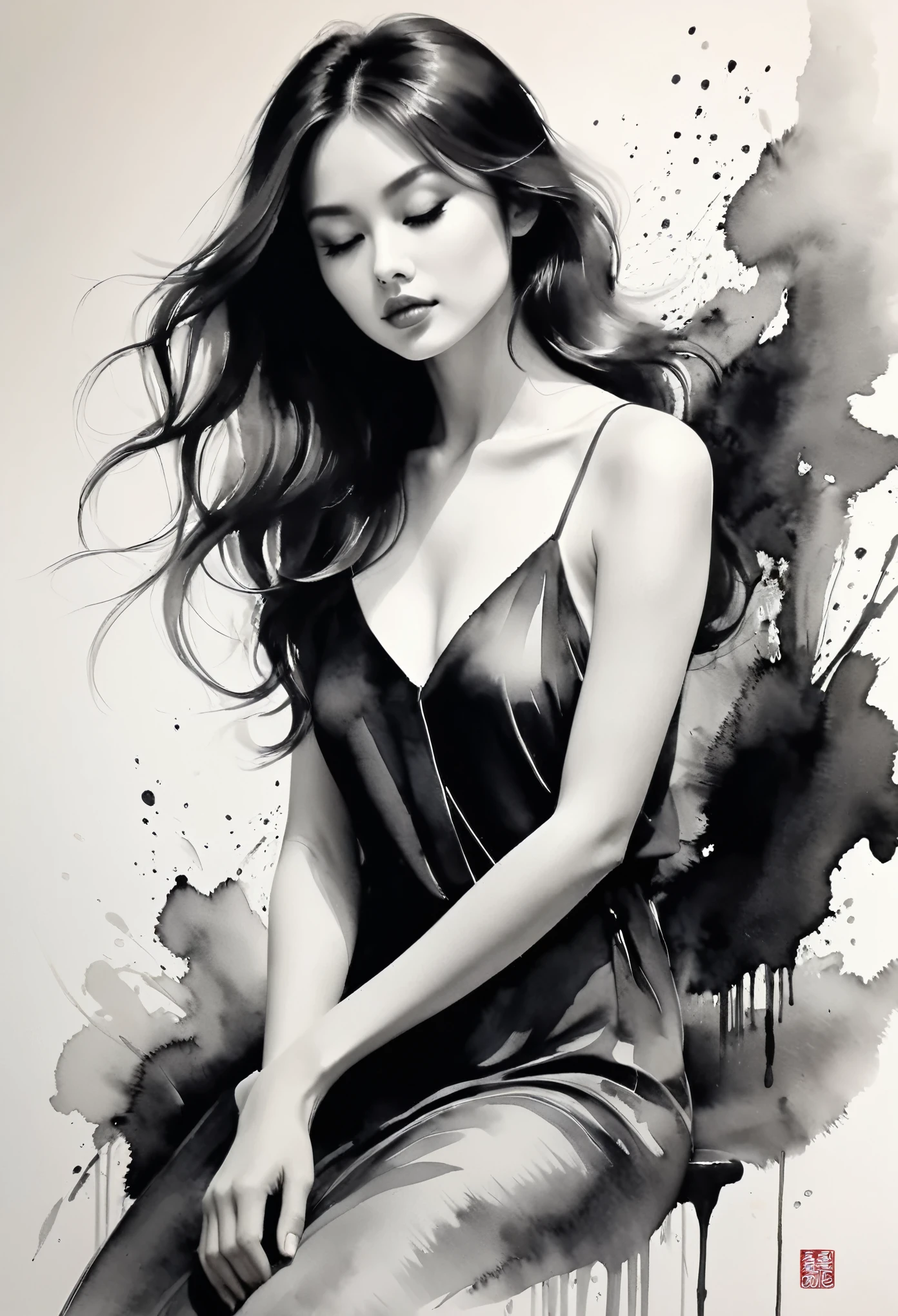 Daughter,ink painting,soft brush strokes, Draw delicate lines with a pen,fluid action,subtle ink tones,elegant posture,calm look,delicate features, Black and White ,clean