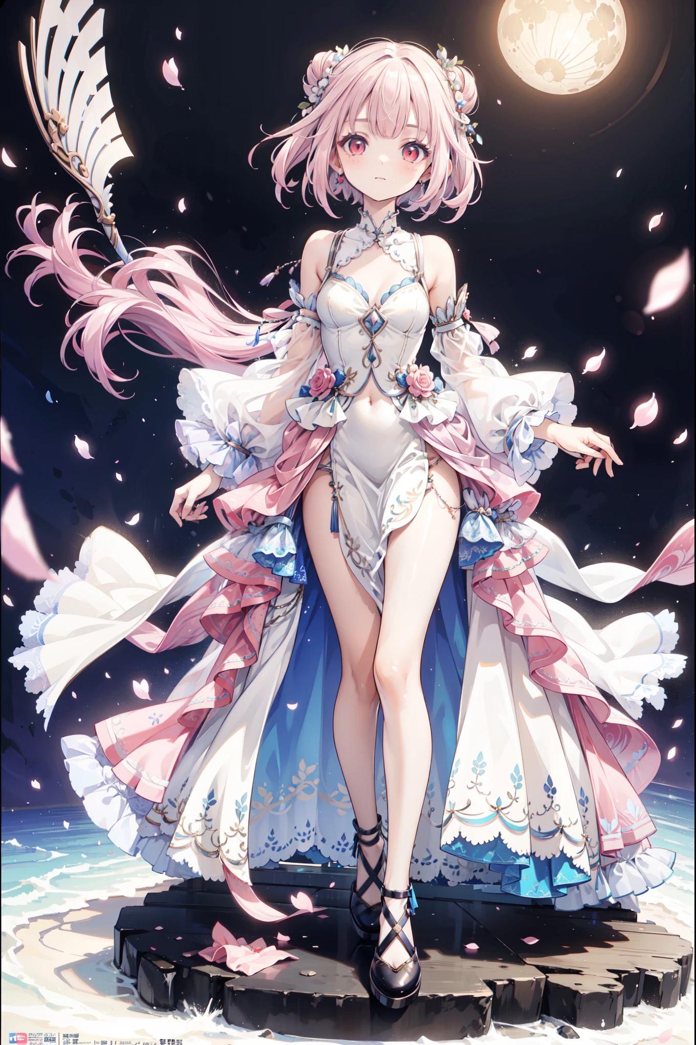 (((Best quality, High Res, masterpiece , masterpiece , Best, High Res))). a girl , solitary. (((My child is beautiful, Lovely girl with fine pink hair , Short, slim figure , and anime faces))). She is a young girl, About ten years old, has gorgeous white skin and long hair ,The princess of the Moon , tied it into a small bun. She has depth, Shining red eyes,tilt. There was no expression on her face.. She has medically correct body and adolescent breasts. Her limbs are slender, has medically correct limbs and fingers . Her skirt is white,Very short ((Long gown)), Translucent and transparent, With blue ivy pattern. When she is in a pose , Her clothes fluttered in the wind when she posed . Her background is a simple starry sky .