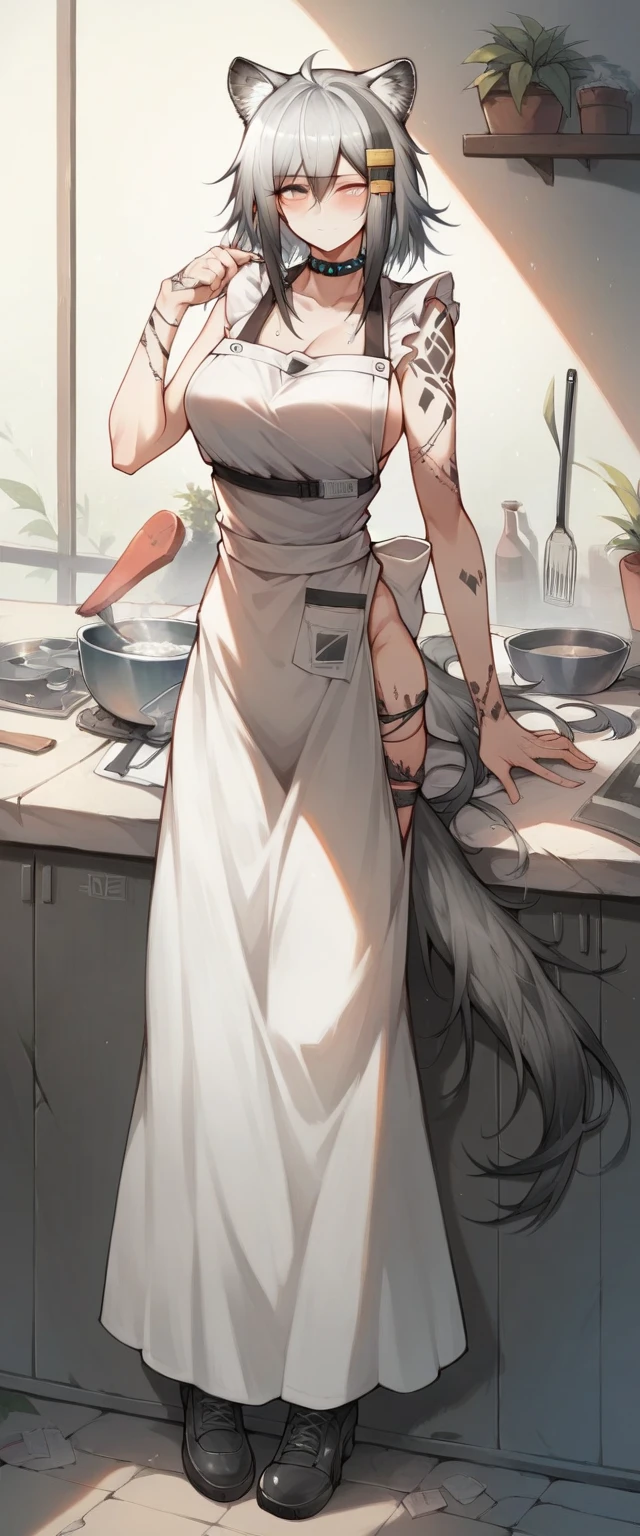 best quality,masterpiece,Ultra-high resolution,(truthfully:4:0),Eastern Snake Woman,Lamia.long hair shawl,wear cool clothes,apron,Cooking in the kitchen