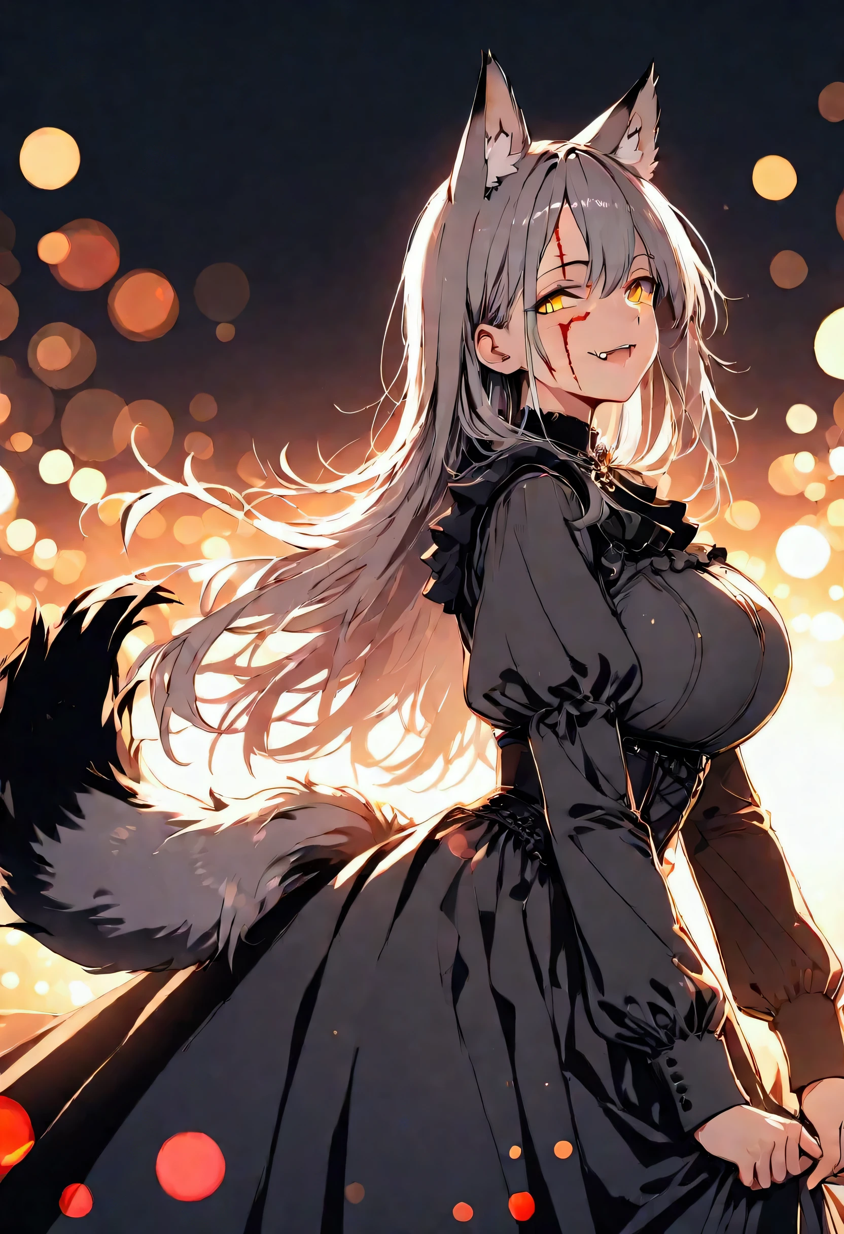 ultra detailed illustration in anime style of a woman with sharp golden eyes, Apricot skin, gothic dark gray fur clothes, wolf ears, a winter background, wolf tail, a red color long hair, lens flare, depth of field, bokeh effect, backlit, stylish, elegant, breathtaking, visually rich, flat lights, flat colors, cel shading, art by best anime studios, 32k resolution, best quality, ink lines, a mature body, a facial scar, blood, a barking wry smile, sharp fangs, the Middle Ages, big breasts