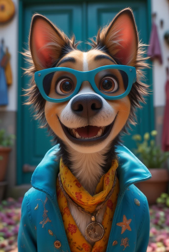 best mobile wallpaper,award - winning wallpaper,Photo photography,Front view of a cute dog,Dressed in mid-1960s space-age fashion,Side view photo,shot with Canon EOS R5,Set a strong contrast to make the subject stand out,Fluorescent blue,Wearing a very modern coat and sunglasses,It's a modern 1960s style,All clothes are one color,beatiful background