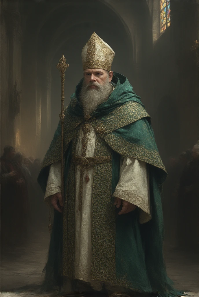 Dwarf in a priest's costume standing in a church, delicate face , medieval, fanciful