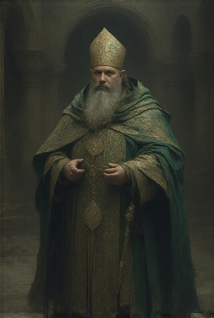 Dwarf in a priest's costume standing in a church, delicate face , medieval, fanciful
