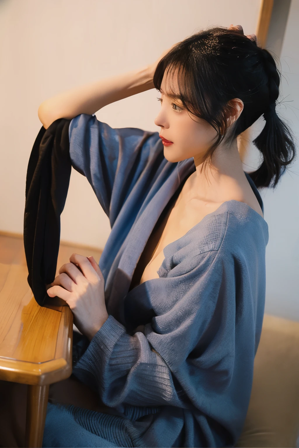 Liquid tong, Male focus , mitts, 1 boy, Solitary, long whitr hair, blue hairs, 耳Nipple Ring, jewely, simplebackground, black mitts, Eau, pony tails, low pony tails, greybackground, extremely handsome male , ( naked body ), wearing miniature black thongs, mage long red robes, 单只耳Nipple Ring, By bangs, Liquid hair care , Sky print,