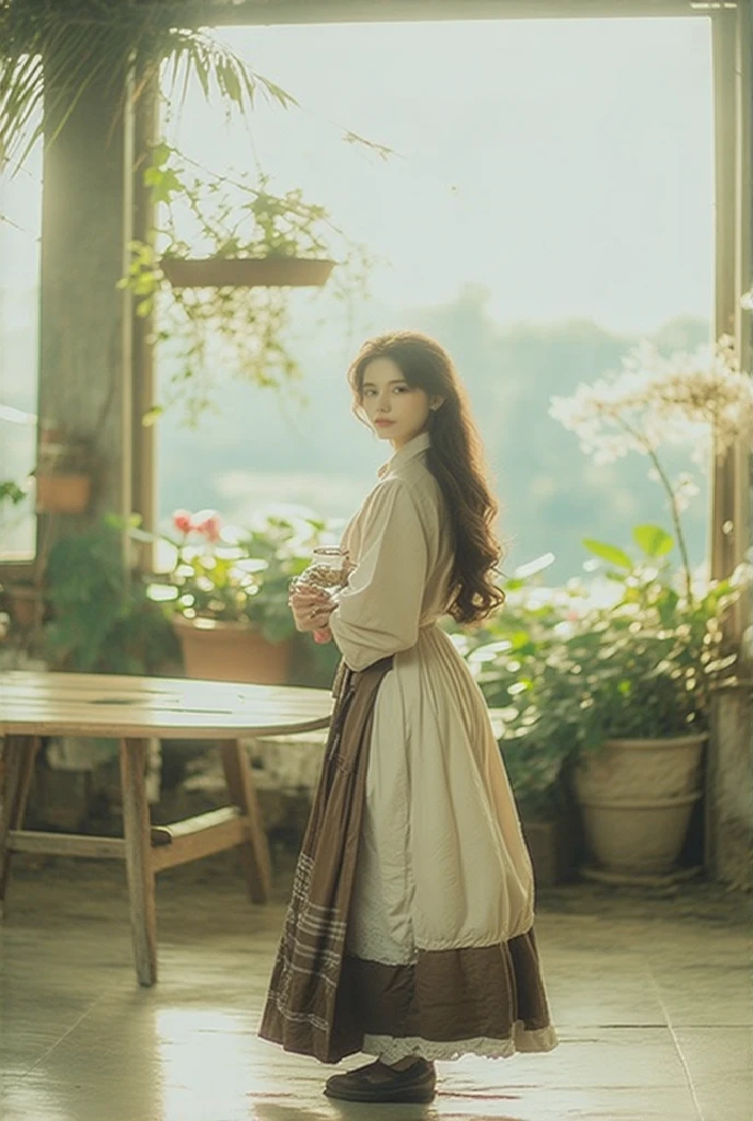 This photograph captures a serene outdoor setting bathed in natural light, likely taken during daytime in spring or summer. The central subject is a woman standing in a lush garden filled with greenery and blooming flowers. She is positioned in the foreground, slightly off-center, facing the camera. Her attire includes a knee-length, vintage-style dress featuring horizontal brown and white stripes, cinched at the waist with a wide belt, and a delicate lace-trimmed hem. Her long, wavy brown hair cascades past her shoulders. The garden features various potted plants and a all wooden table
