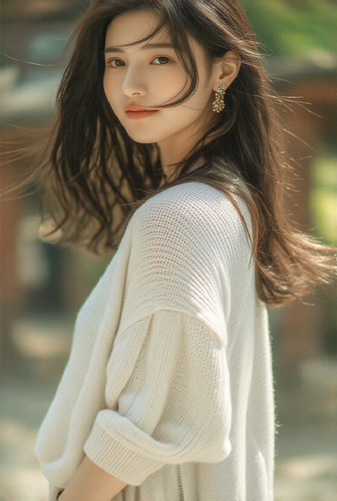 This photograph captures a young woman standing in an outdoor setting, possibly in a park or a traditional garden. She has long, straight dark brown hair that falls naturally past her shoulders, and she is iling warmly at the camera. Her skin is ooth and light, indicating a fair complexion. She wears a loose-fitting, short-sleeved, cream-colored knit sweater, which adds a soft texture to her outfit. The sweater appears to be made of cotton or a similar fabric, providing a cozy, comfortable feel. In her ears, she wears delicate gold earrings with all, round gemstones that