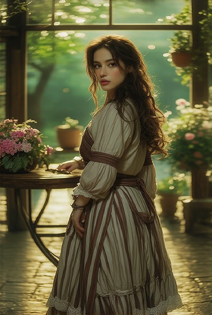 This photograph captures a serene outdoor setting bathed in natural light, likely taken during daytime in spring or summer. The central subject is a woman standing in a lush garden filled with greenery and blooming flowers. She is positioned in the foreground, slightly off-center, facing the camera. Her attire includes a knee-length, vintage-style dress featuring horizontal brown and white stripes, cinched at the waist with a wide belt, and a delicate lace-trimmed hem. Her long, wavy brown hair cascades past her shoulders. The garden features various potted plants and a all wooden table