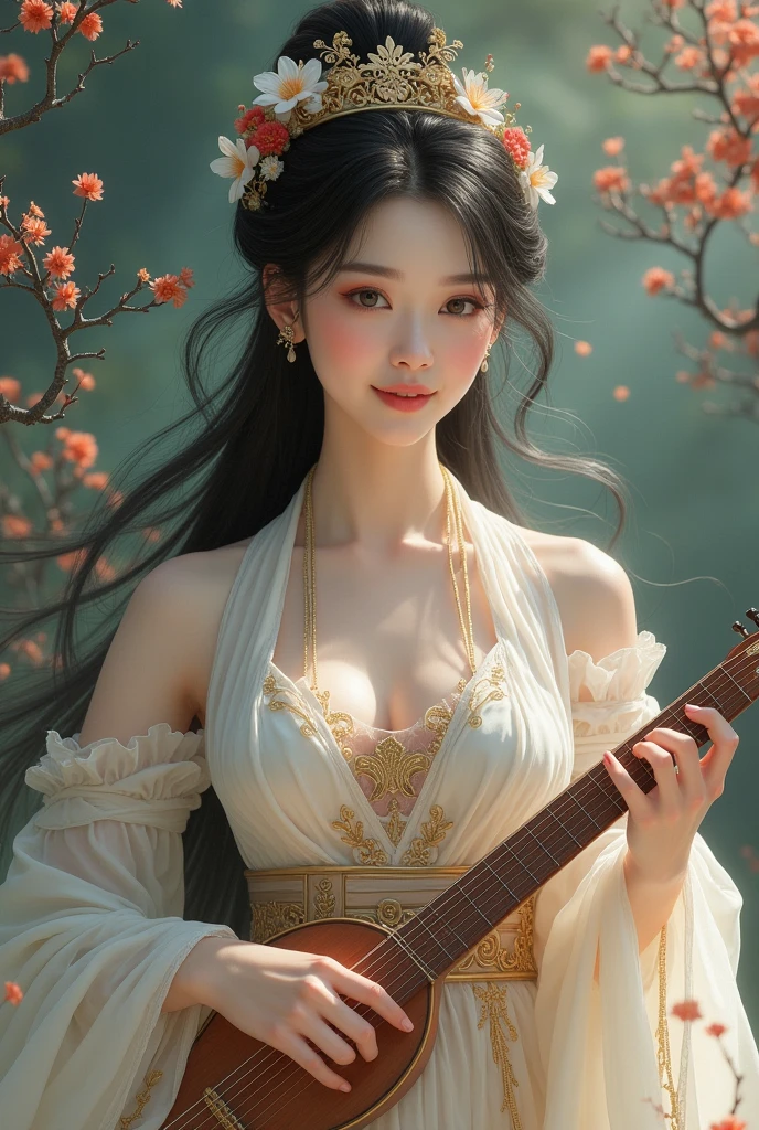 closed eyes, flowing black hair, peaceful expression, sitting on a swing in a lush green garden, surrounded by colorful flowers, warm sunlight streaming through the trees, soft shadows playing on the ground, vibrant and vivid colors, gentle breeze rustling the leaves, creating a serene and tranquil atmosphere, capturing a moment of pure joy and contentment, evoking a sense of tranquility and inner peace. The artwork is created using a combination of traditional painting techniques and digital rendering, resulting in a visually stunning and emotionally captivating masterpiece.