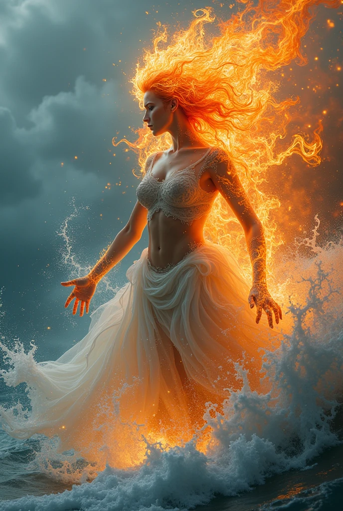 creative photo of a woman with a water dress, (floating flame:1.5), clouds and thunder