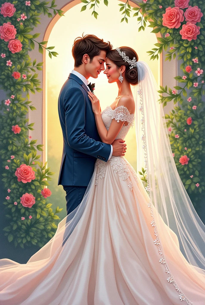 Improve this wedding photo with my wife, adjusts the details well and is of great quality. I also want an animated drawing