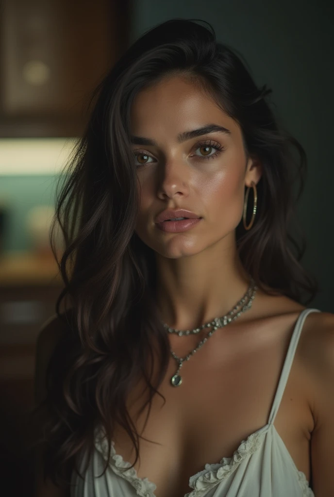 woman from movie Emmanuel,beautiful detailed eyes,beautiful detailed lips,extremely detailed eyes and face,dark and mysterious atmosphere,soft lighting,strong emotions,high contrast,color grading with warm tones,dramatic ,perfectly styled hair and makeup,femme fatale,alluring gaze,expressive gestures,full body,sitting sideways on wicker chair, extra long pearl neclace,film noir aesthetic,cinematic composition,artistic cinematography,sensual and mysterious portrait,masterpiece:1.2,highres,ultra-detailed,realistic:1.37,strong visual impact,vivid colors,emotionally intense scene,classic Hollywood glamour