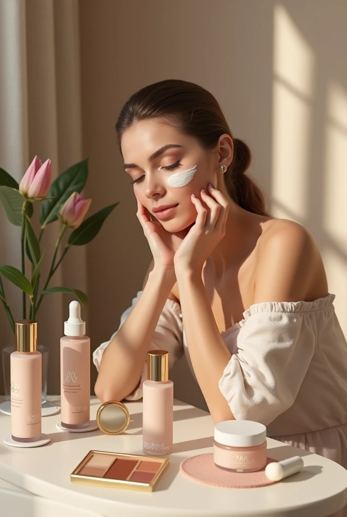 photo d'une femme appliquant des produits de beauté le matin, avec une lumière naturelle douce. Produits de maquillage et de soin de la peau visibles sur une table