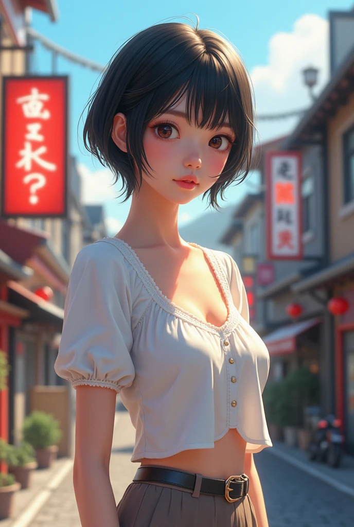 ((icing cookie)), psanime, perfect body, cowboy shot of a beautiful Asian woman wearing a white off shoulder shirt and white skirt standing outside a cafe, she is posing, she has pretty lipstick, she is smiling gently