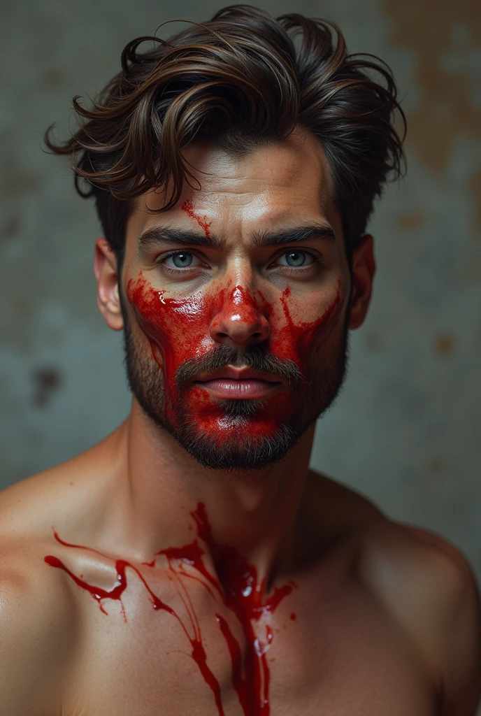Man rips out his own heart with his hand and drips blood, but if face is of indifference 