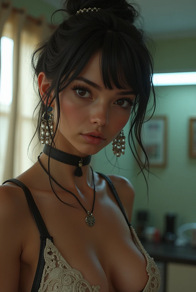 (masterpiece, best quality), deep ebony 1girl, beautiful face, Kimberly_jackson, freely ponytail, confused, upper body,, bright blue eyes, facing viewer, triboob_cleavage, dark ebony skin, straight black hair