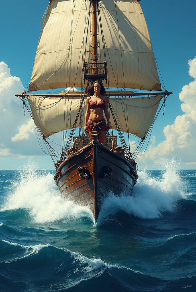 Monica Bellucci, young, beautiful, completely naked, standing on a pirate ship at sea, long flowing brown hair,  boobs and pubic hair visible, cutlass in hand, pirate flag flowing, full body rear view, smiling, photorealistic, high resolution