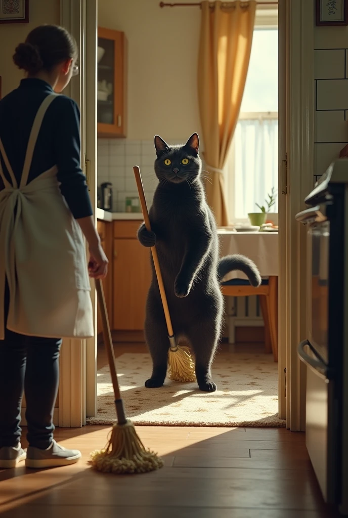  sneaking through a slightly open door ,、  in the kitchen leading to the dining room when I open the door、 There is a black cat walking on 2 legs ((Cait Sith))  it's being cleaned using a mop  、I'm wearing a white apron、  The dishes I've finished eating are on the table 、Open the empty plate  、後ろを振り返るBlack Cat 、Funny world view of domestic cats 〜 , Black Cat,  acting like humans 